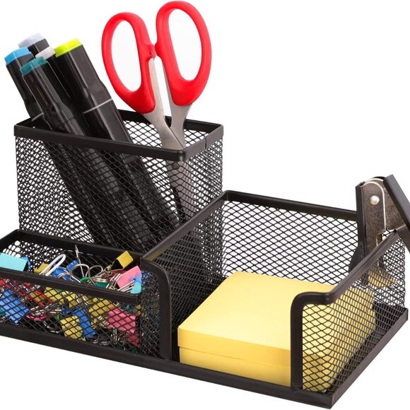 Desk Organizers Mesh Pencil Holder,3 Compartments Black Mesh Pen Holder Storage - Picture 1 of 7